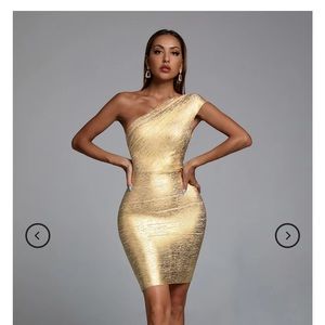 Bella Barnett gold bandage bodycon one shoulder minidress